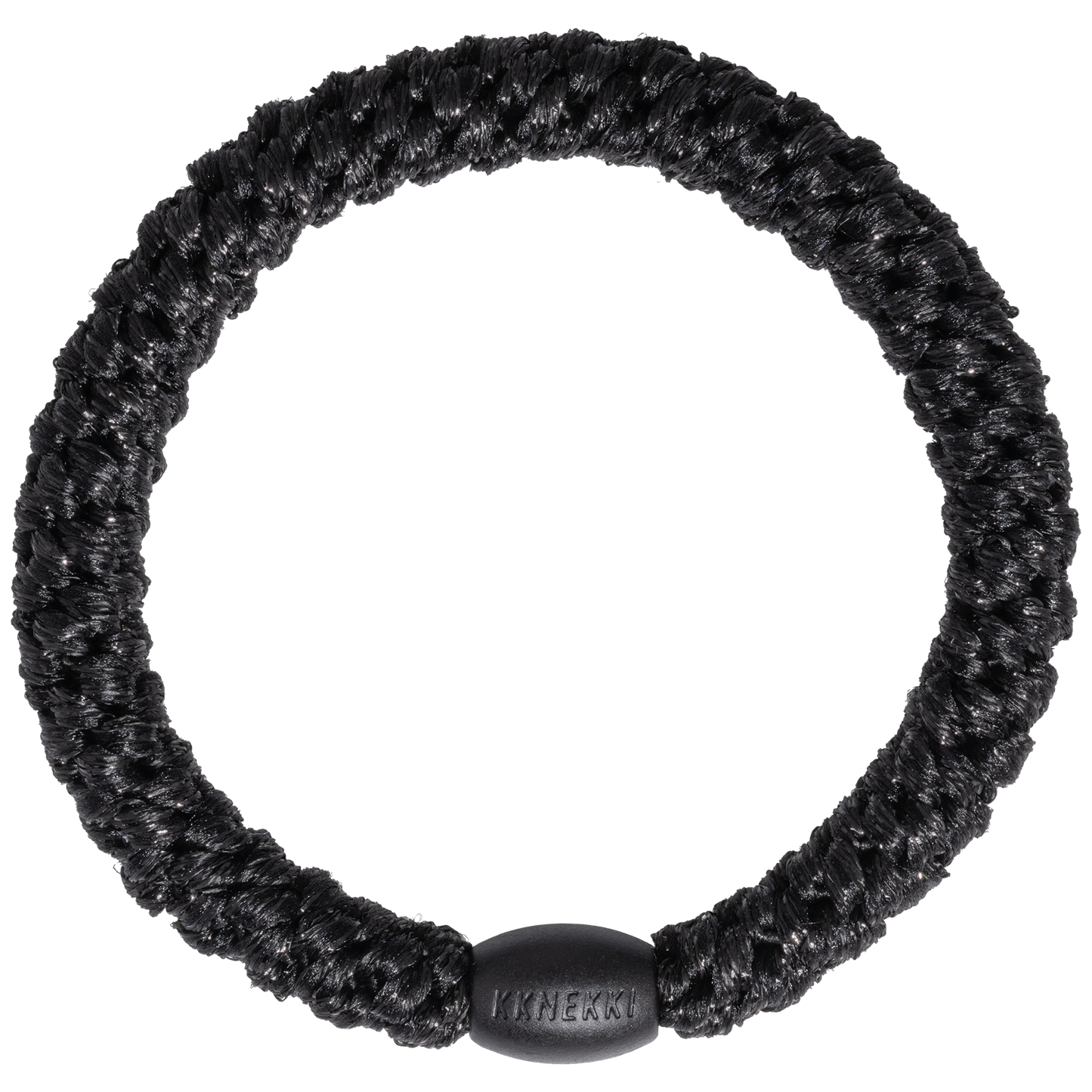 KKNEKKI Black Glitter hair tie on white background with branded bead visible