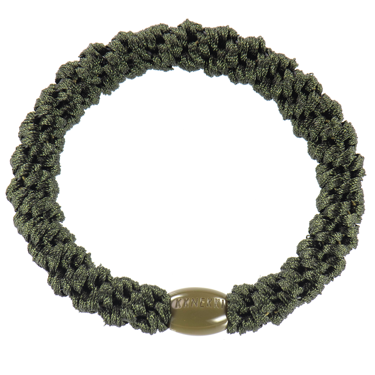 KKNEKKI Bottle green hair tie showing branded bead