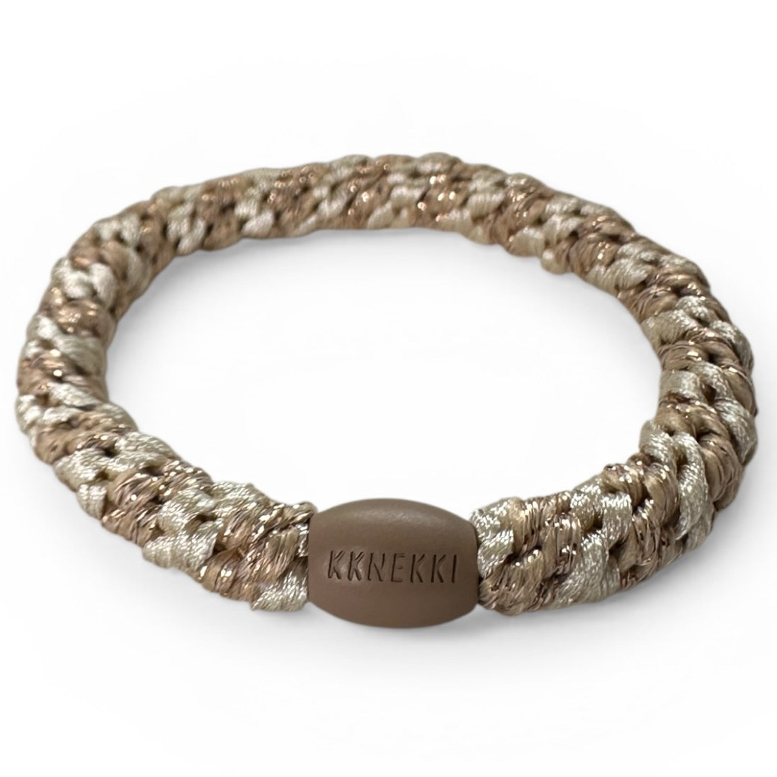 KKNEKKI Ivory Beige Glitter Stripe hair tie on white background from above