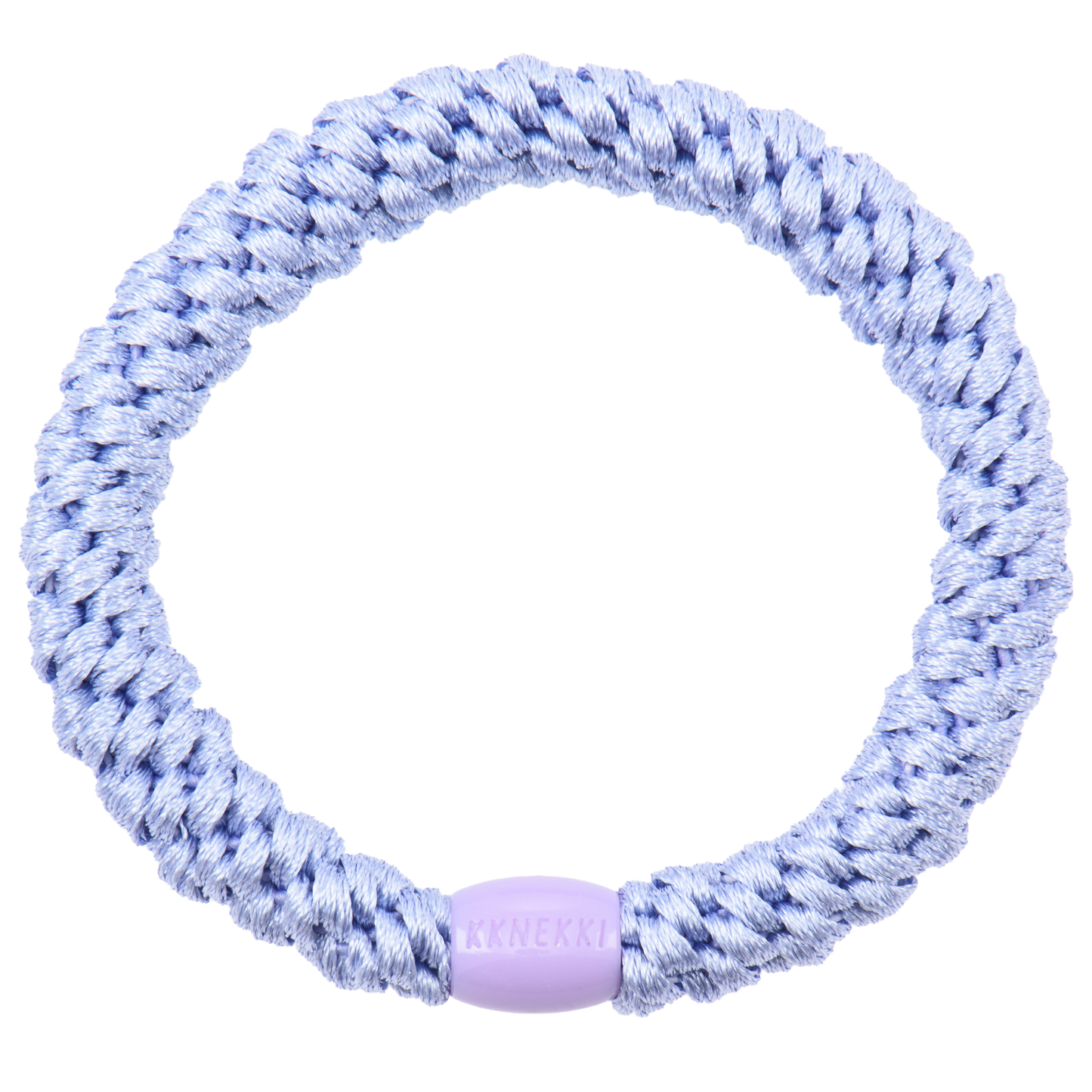 KKNEKKI Lilac hair elastic on white background with branded bead visible