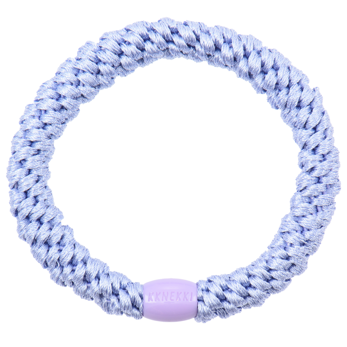 KKNEKKI Lilac hair elastic on white background, branded bead visible