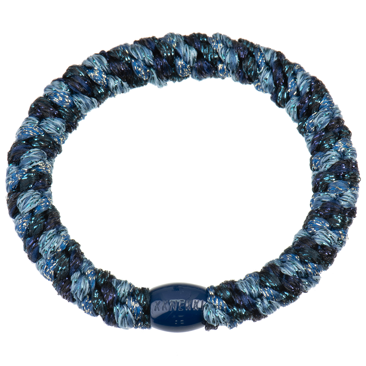 KKNEKKI Mix Blue Medley Glitter hair elastic on white background with branded bead visible