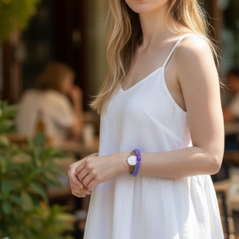 KKNEKKI Purple Velvet hair tie elastic on wrist of model