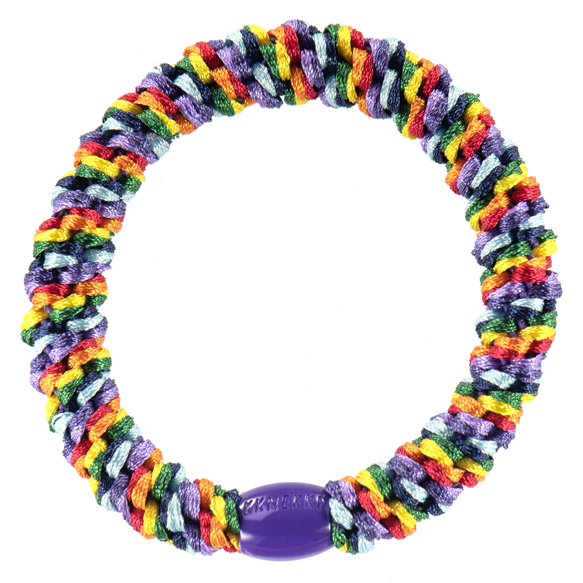 KKNEKKI Rainbow hair elastic with purple bead on white background