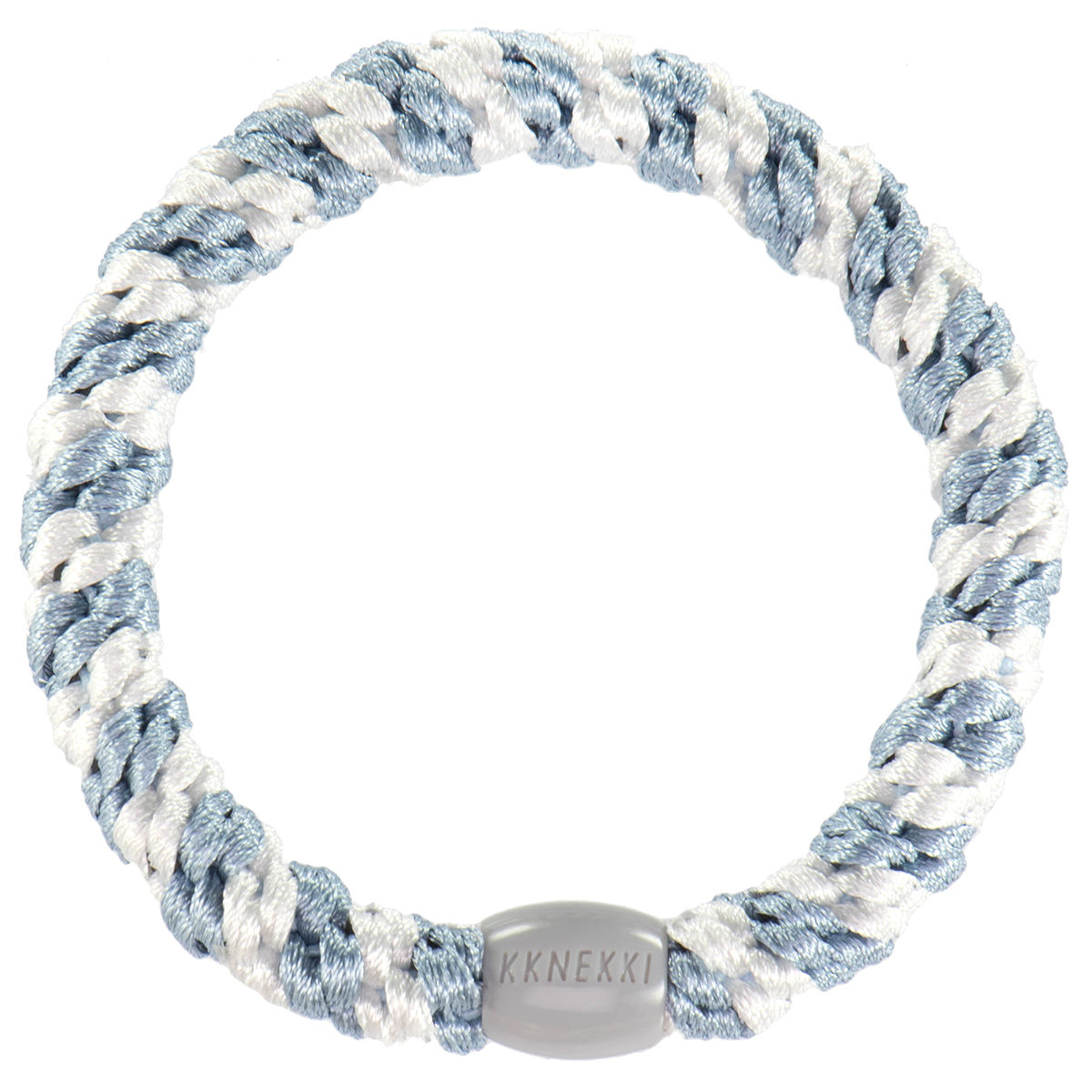 KKNEKKI Sea Blue-White striped hair tie on white background with branded bead visible