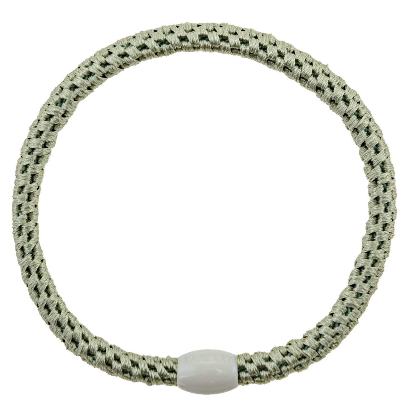 KKNEKKI Slim Dusty Lind hair elastic on white background with visible branded bead