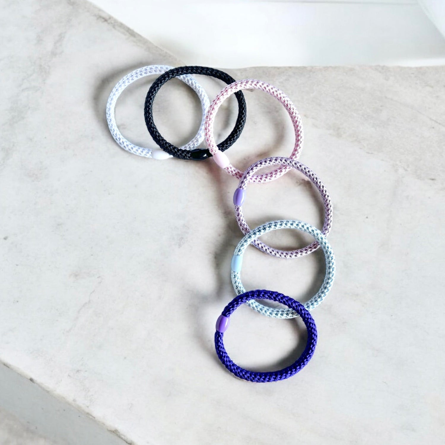 Kknekki Children hair elastics in white, black, pink, blue, lights and dark purple