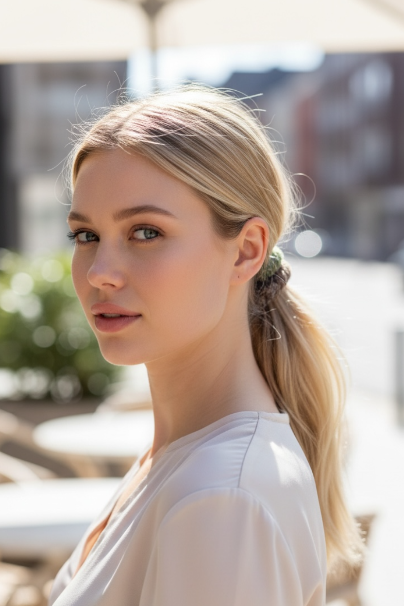 Blone woman with long hair wearing KKNEKKI velvet hair elasti/hair ties