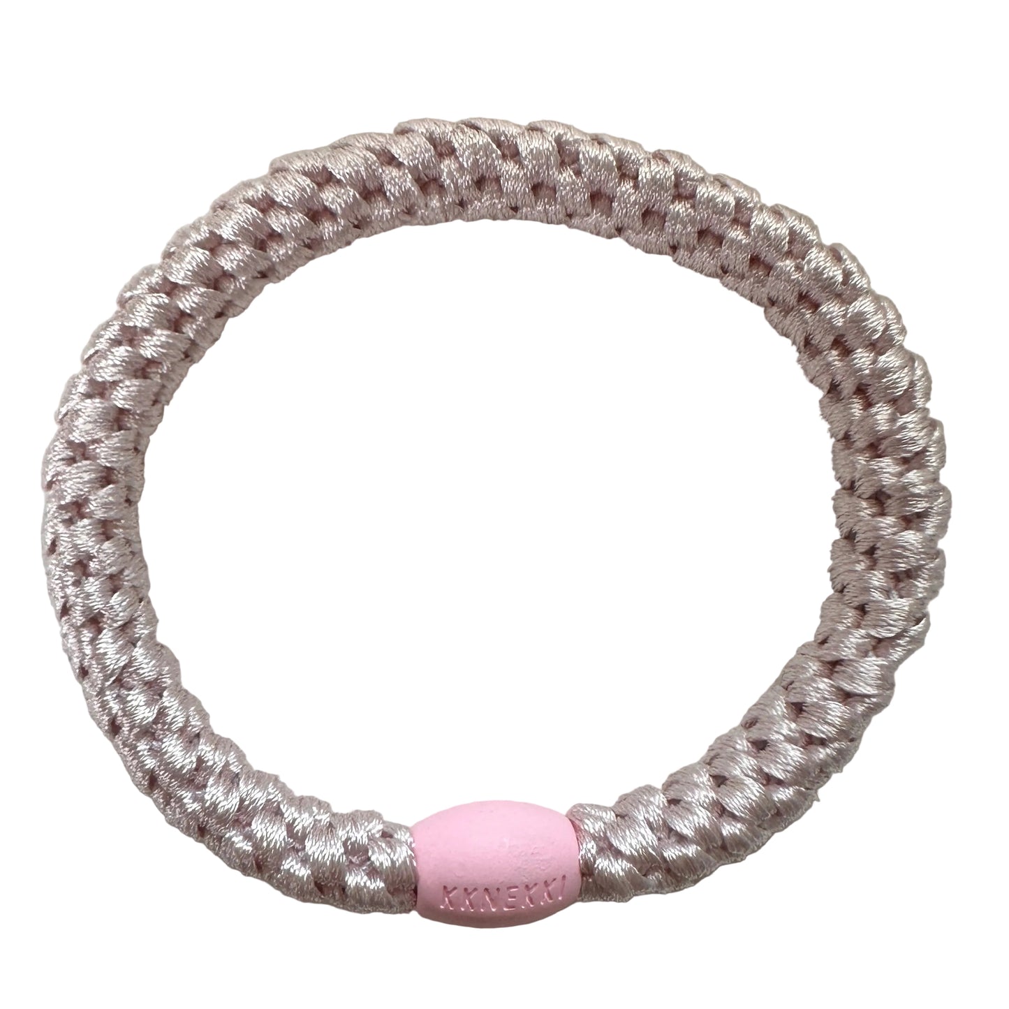 KKNEKKI Ballet Pink hair elastic shown from above with branded bead visible on a white background.