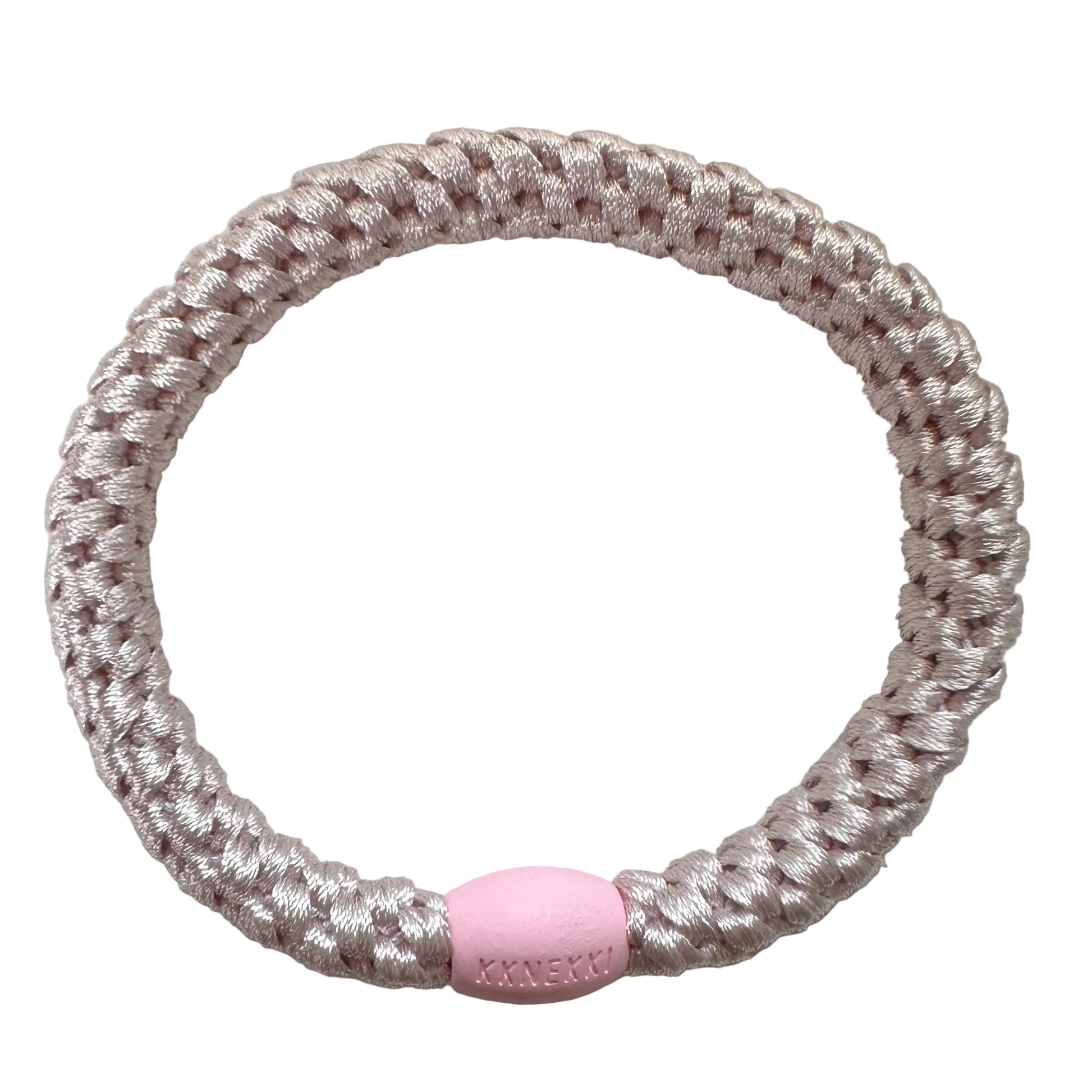 KKNEKKI Ballet Pink hair elastic shown from above with branded bead visible on a white background.