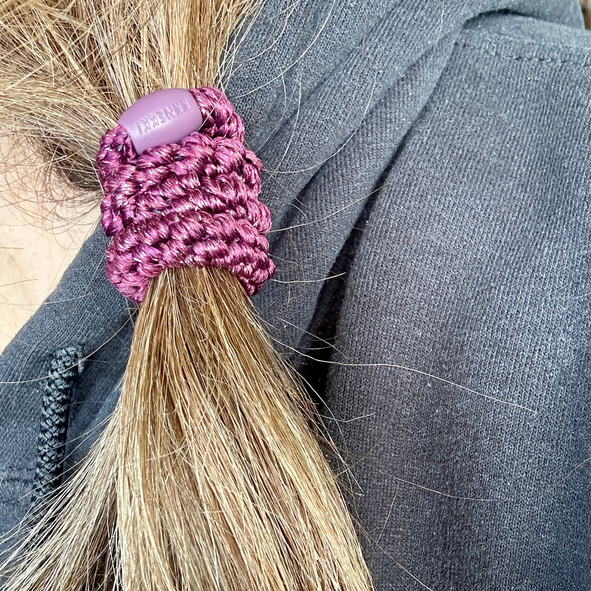 KKNEKKI Berry Glitter hair elastic on brown hair ponytail