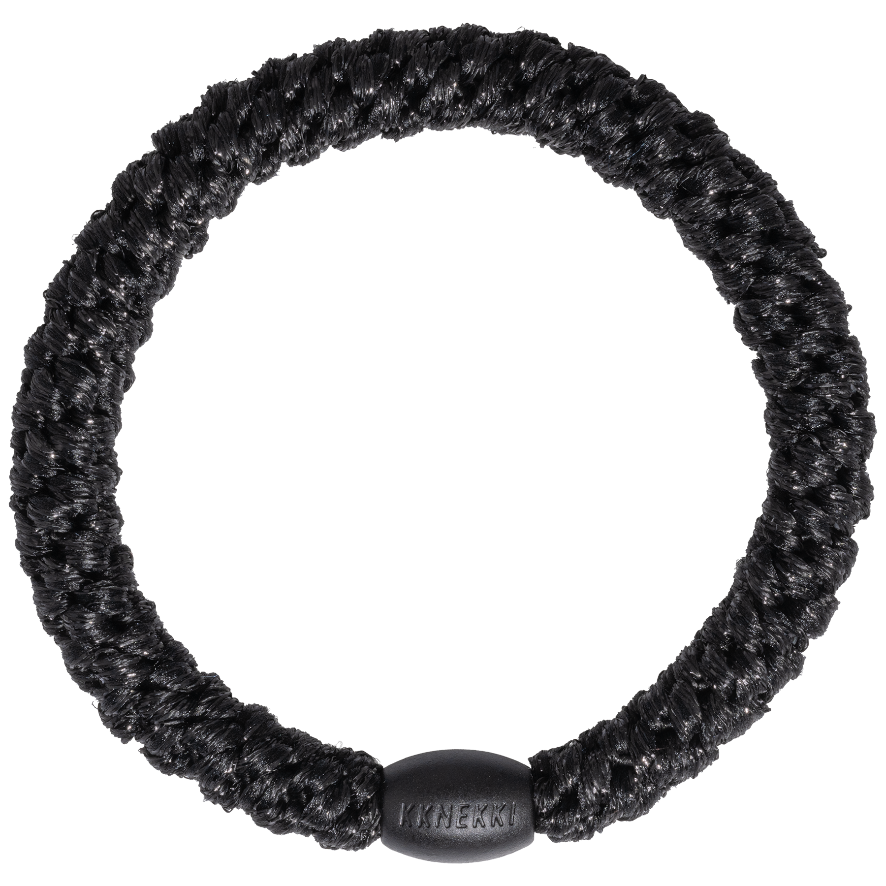 KKNEKKI Black Glitter hair tie on white background with branded bead visible
