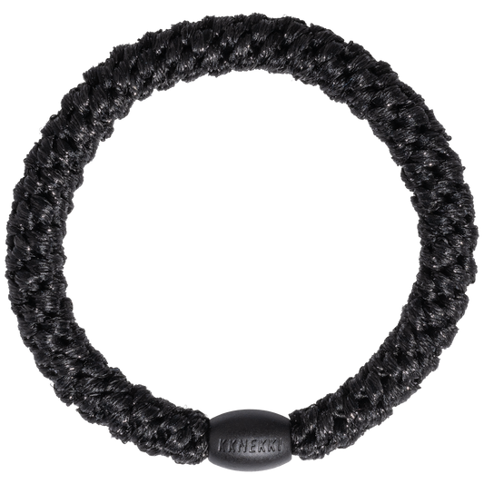 KKNEKKI Black Glitter hair tie on white background with branded bead visible