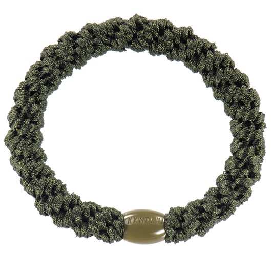 KKNEKKI Bottle green hair tie showing branded bead
