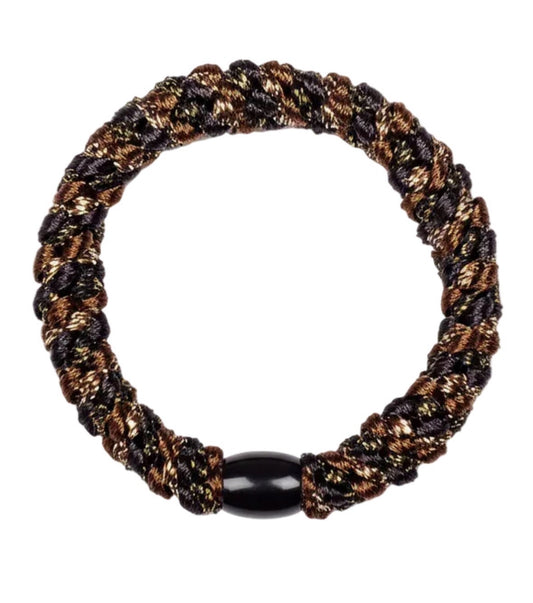 KKNEKKI Brown Stormy hair tie on white background clearly shown woven golden threads