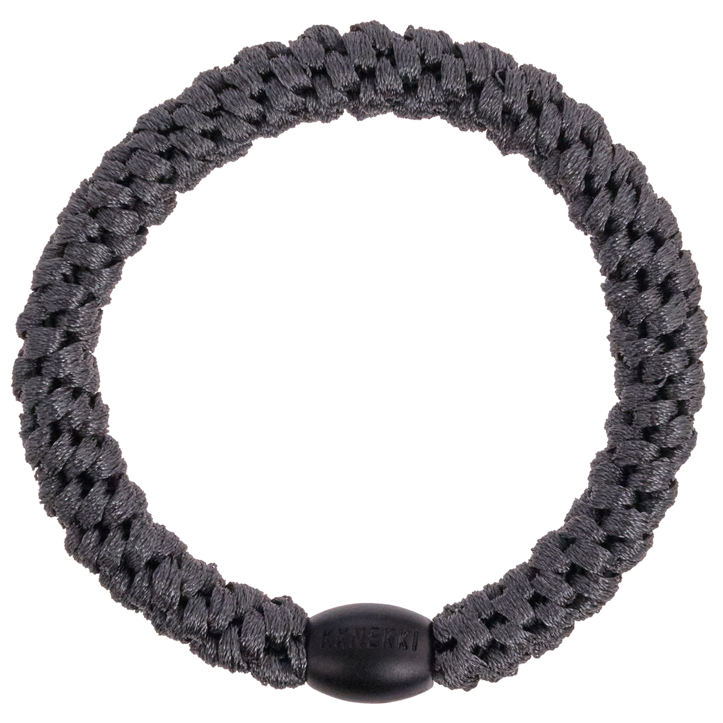 KKNEKKI Charcoal elastic hair elastic on white background with beaded bead visible