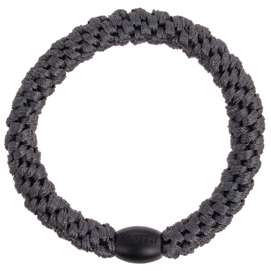 KKNEKKI Charcoal elastic hair elastic on white background with beaded bead visible