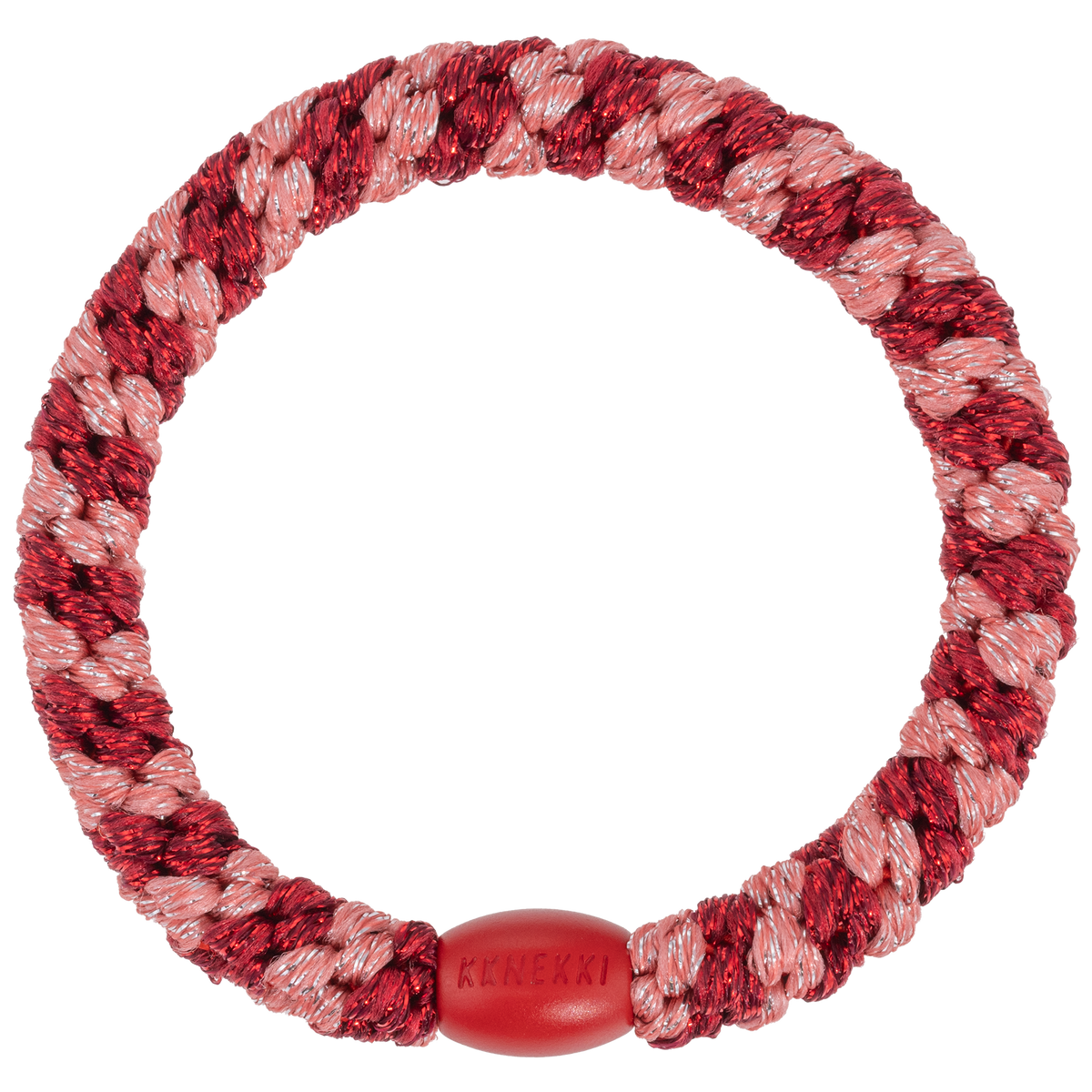 KKNEKKI Coral Bordeaux Glitter Stripe hair elastic with branded bead visible