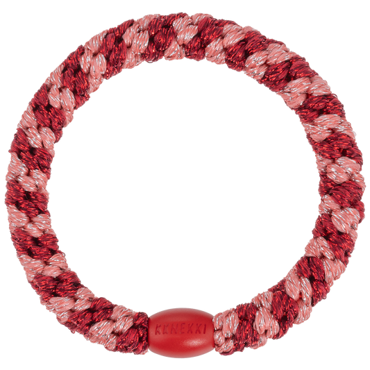 KKNEKKI Coral Bordeaux Glitter Stripe hair elastic with branded bead visible