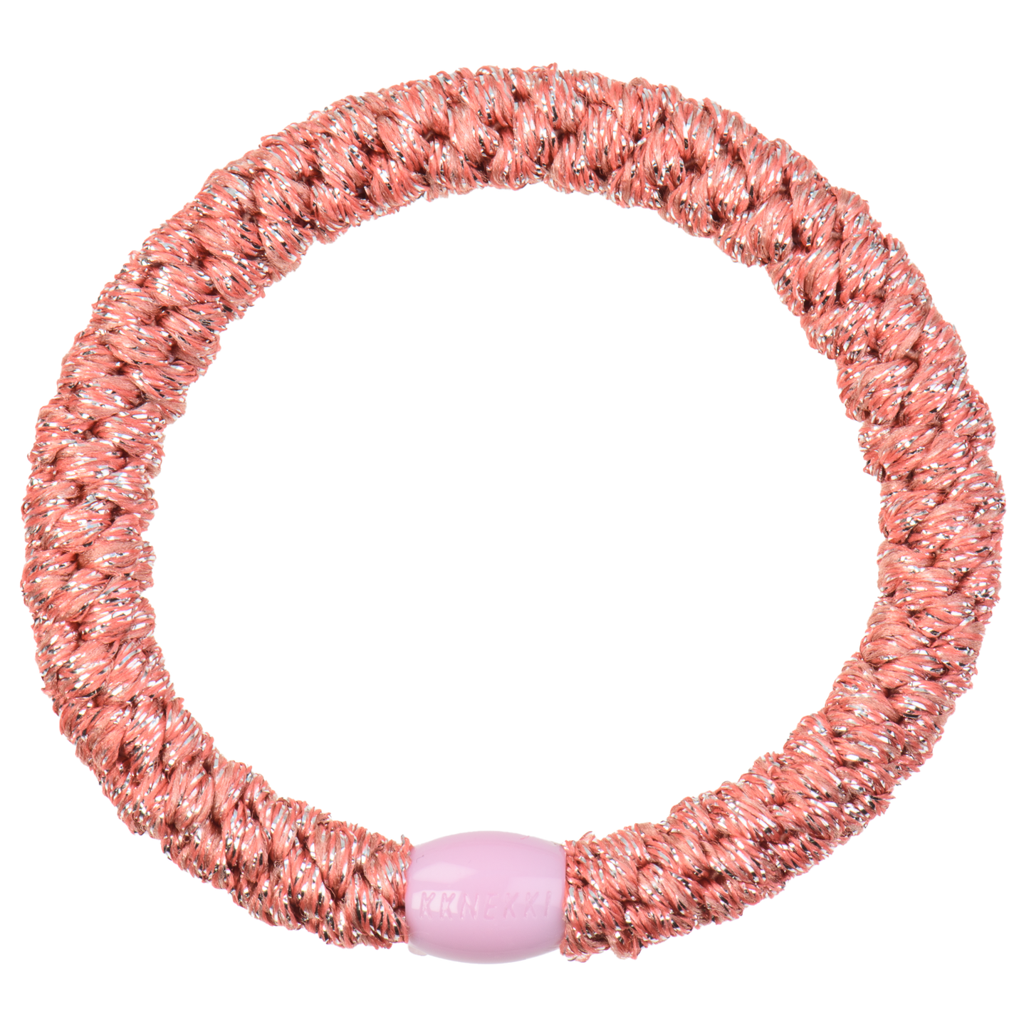 KKNEKKI Coral Glitter hair elastic on white background with branded bead 
