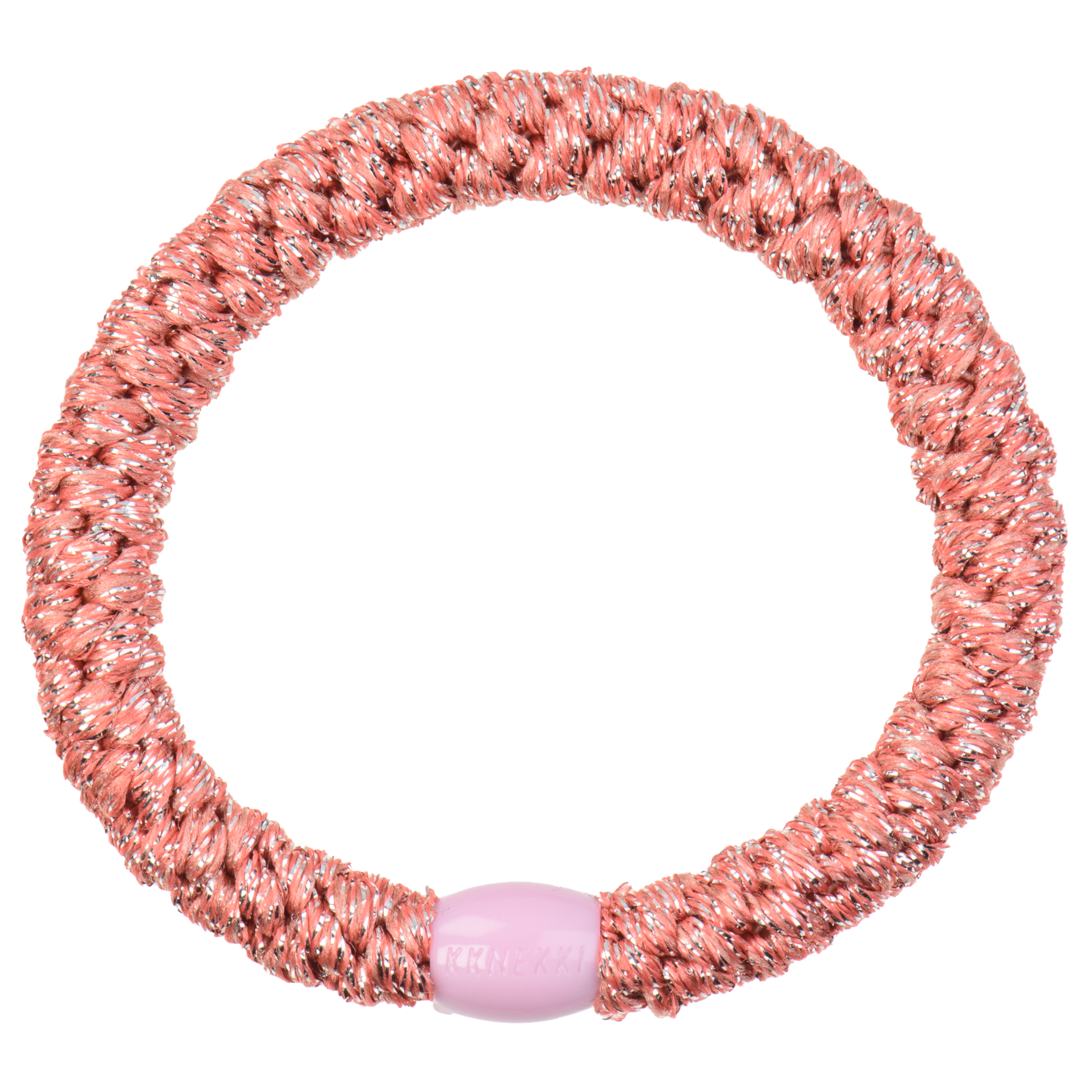 KKNEKKI Coral Glitter hair elastic on white background with branded bead 