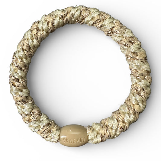 KKNEKKI Cream & Metallic Gold stripped hair elastic on white background