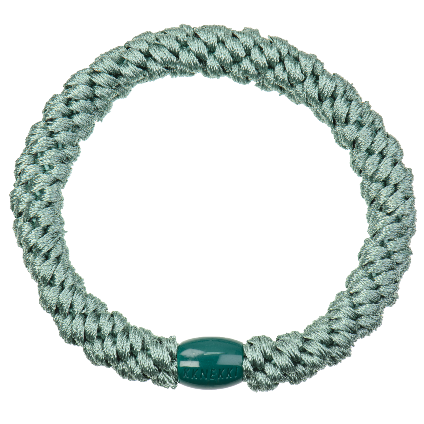 KKNEKKI Faded Green hair elastic on white background with branded bead visible