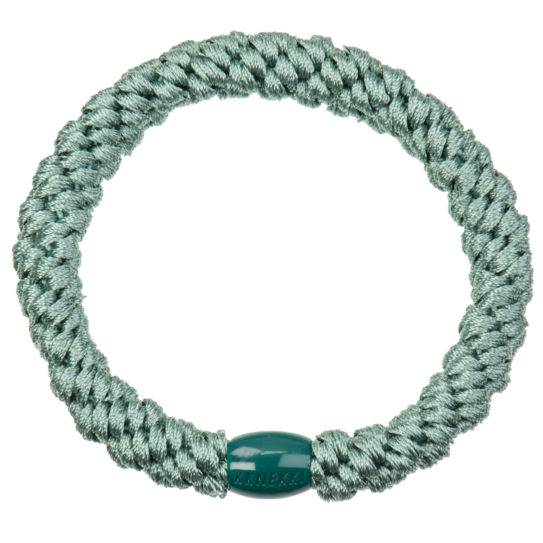 KKNEKKI Faded Green hair elastic on white background with branded bead visible