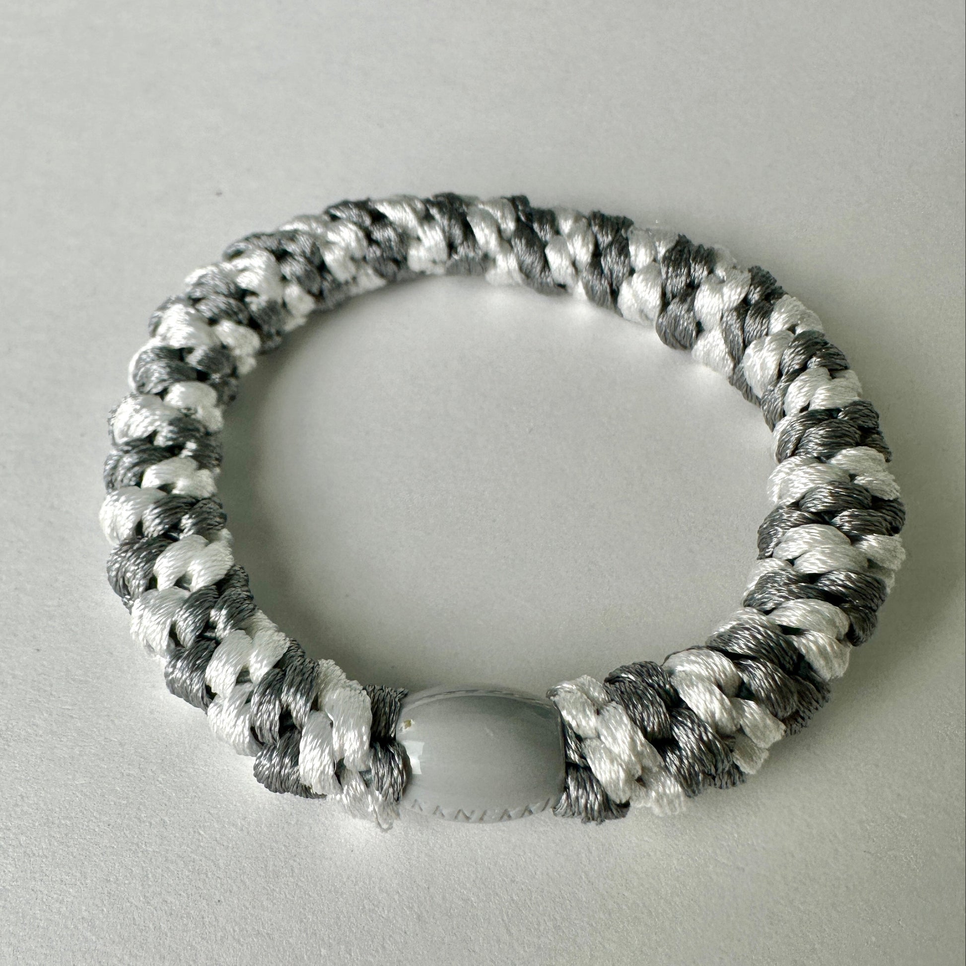 KKNEKKI Grey & White Stripe hair elastic with light grey branded bead
