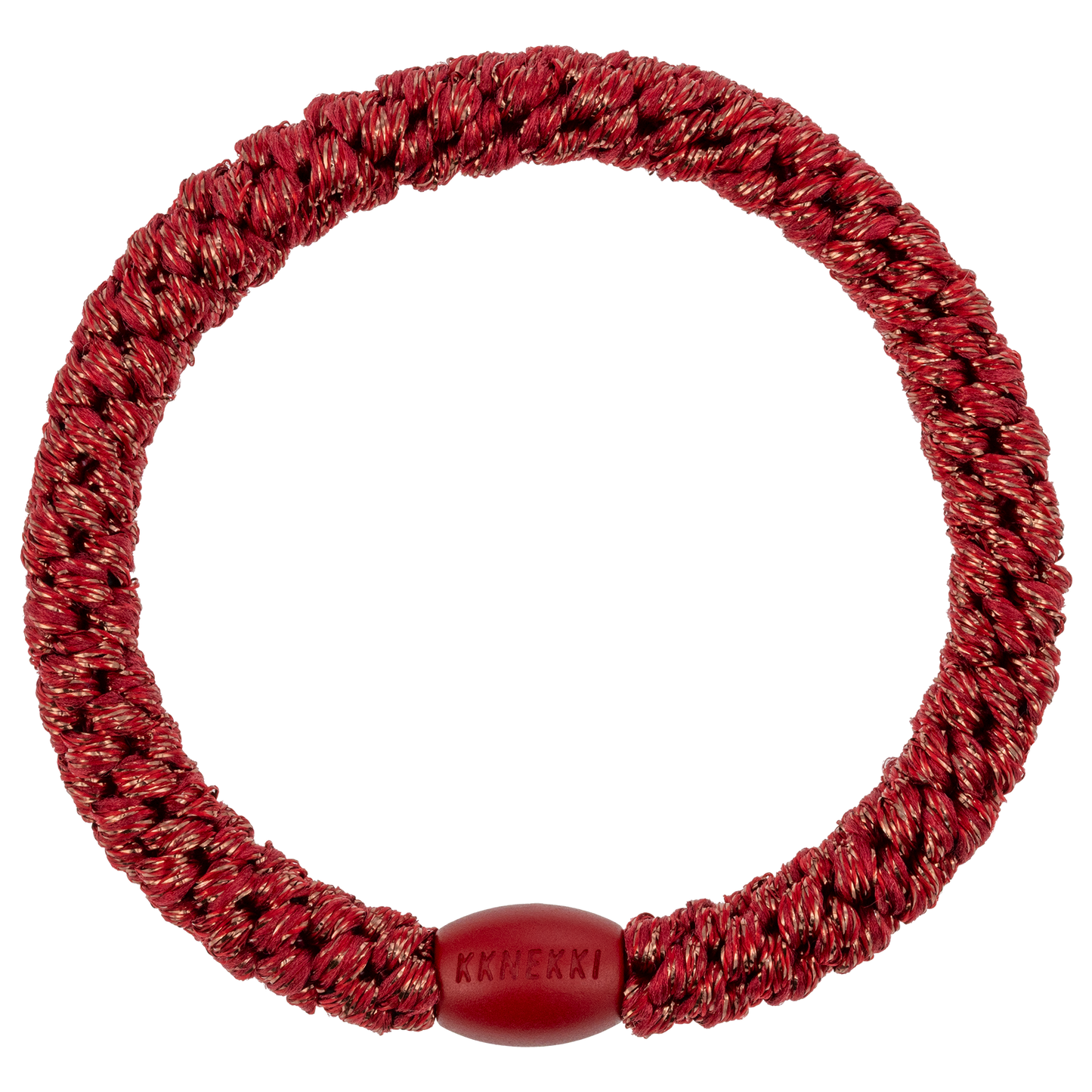 KKNEKKI Holiday Red hair elastic on white background with visible branded bead