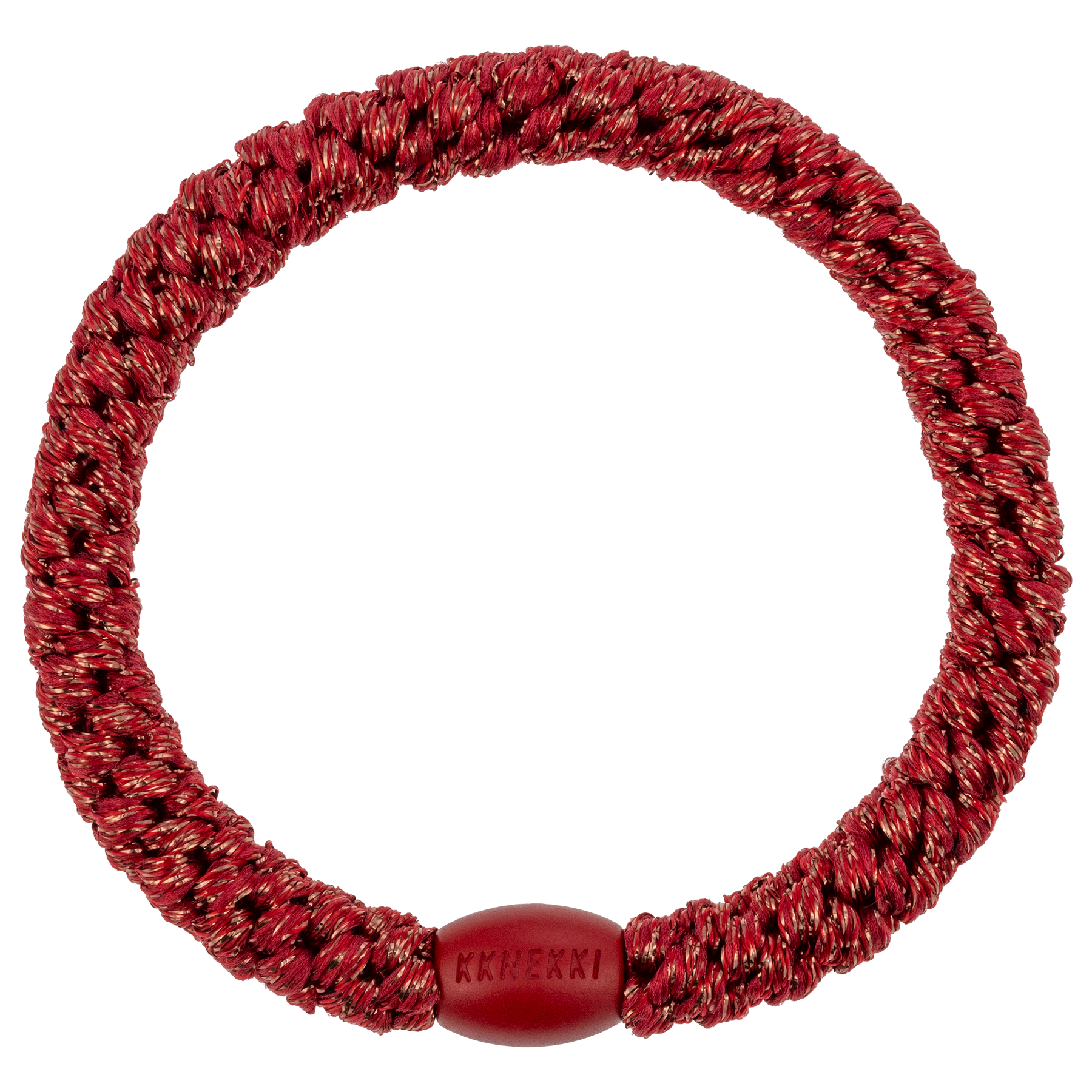 KKNEKKI Holiday Red hair elastic on white background with visible branded bead