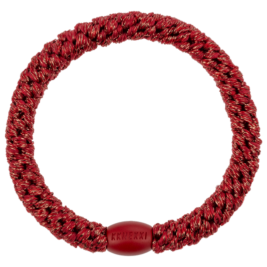 KKNEKKI Holiday Red hair elastic on white background with visible branded bead