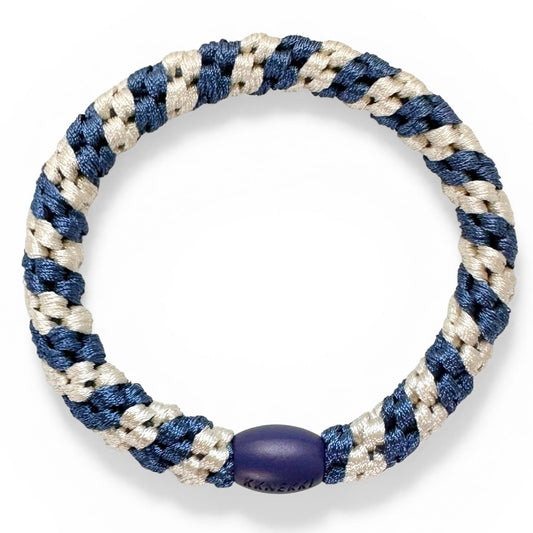 KKNEKKI Indigo Ivory Stripe hair elastic on white background