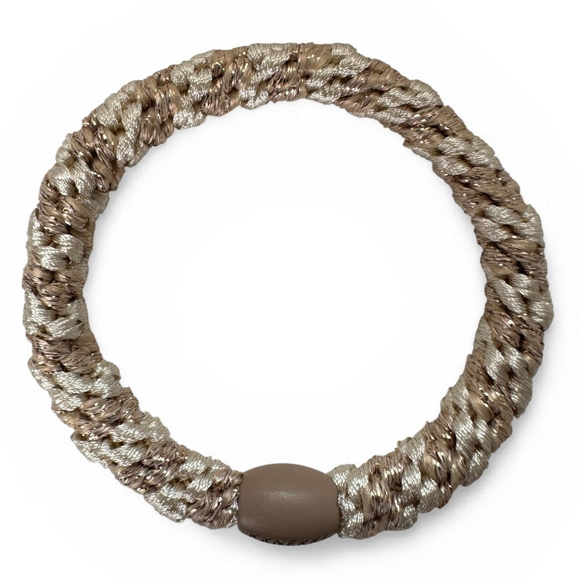 KKNEKKI Ivory Beige Glitter Stripe hair tieon white background 