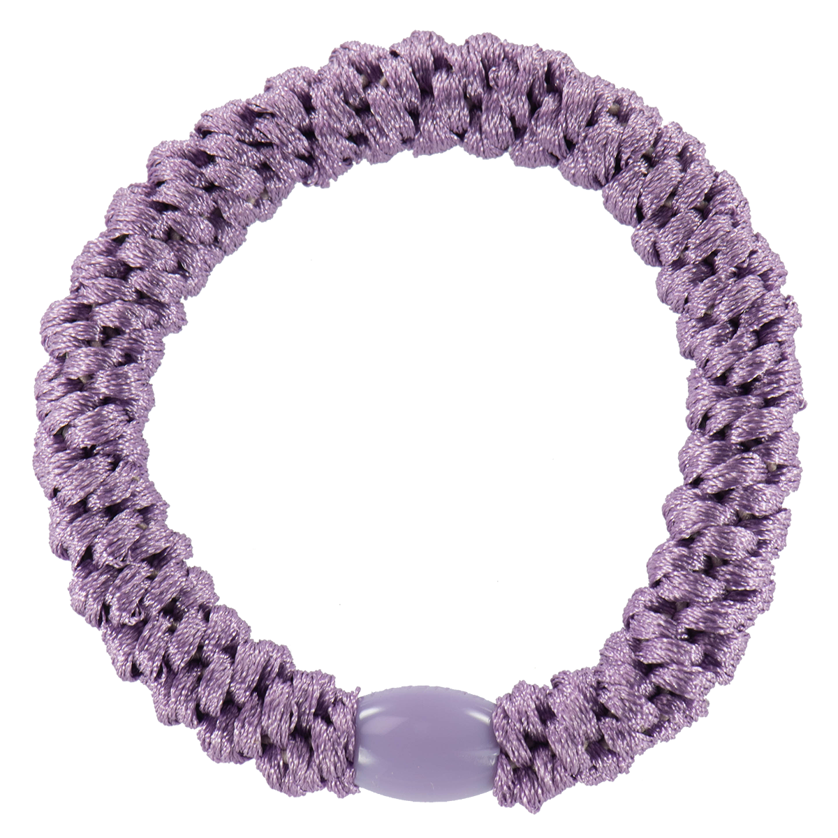 KKNEKKI Lavendel hair elastic on white background. Branded bead is really matte.