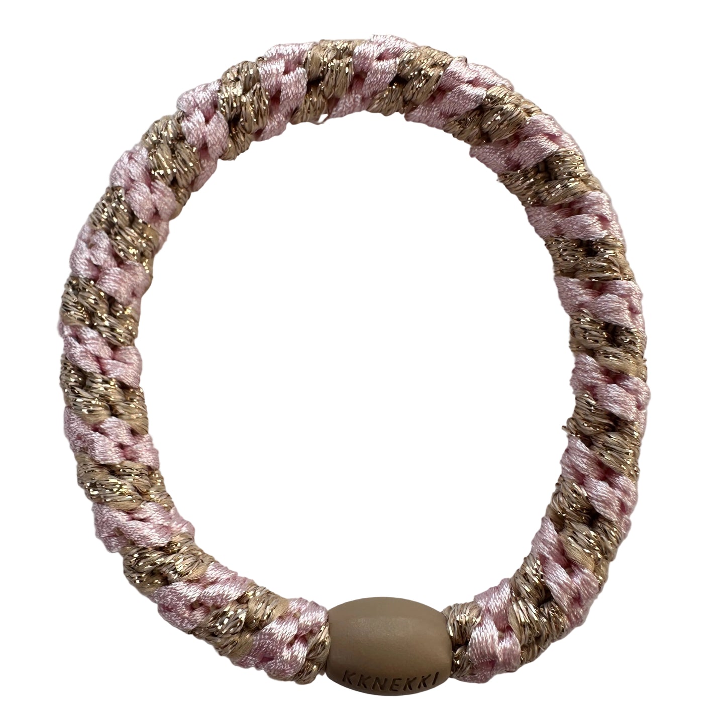 KKNEKKI Light Pink Beige Glitter Stripe hair elastic on white background