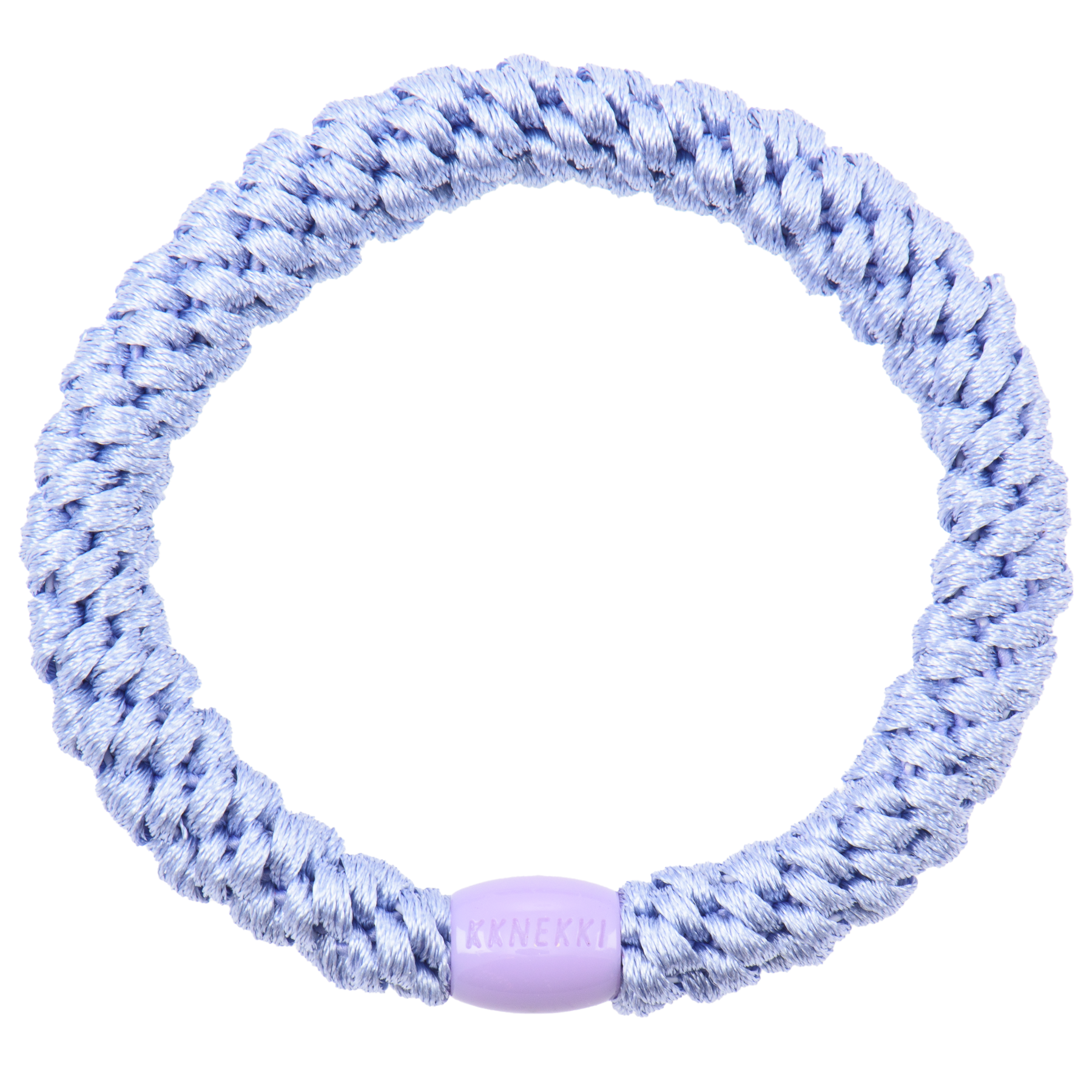 KKNEKKI Lilac hair elastic on white background with branded bead visible