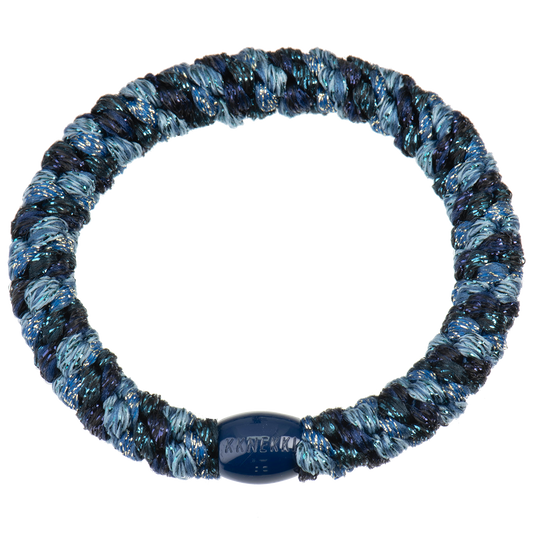 KKNEKKI Mix Blue Medley Glitter hair elastic on white background with branded bead visible