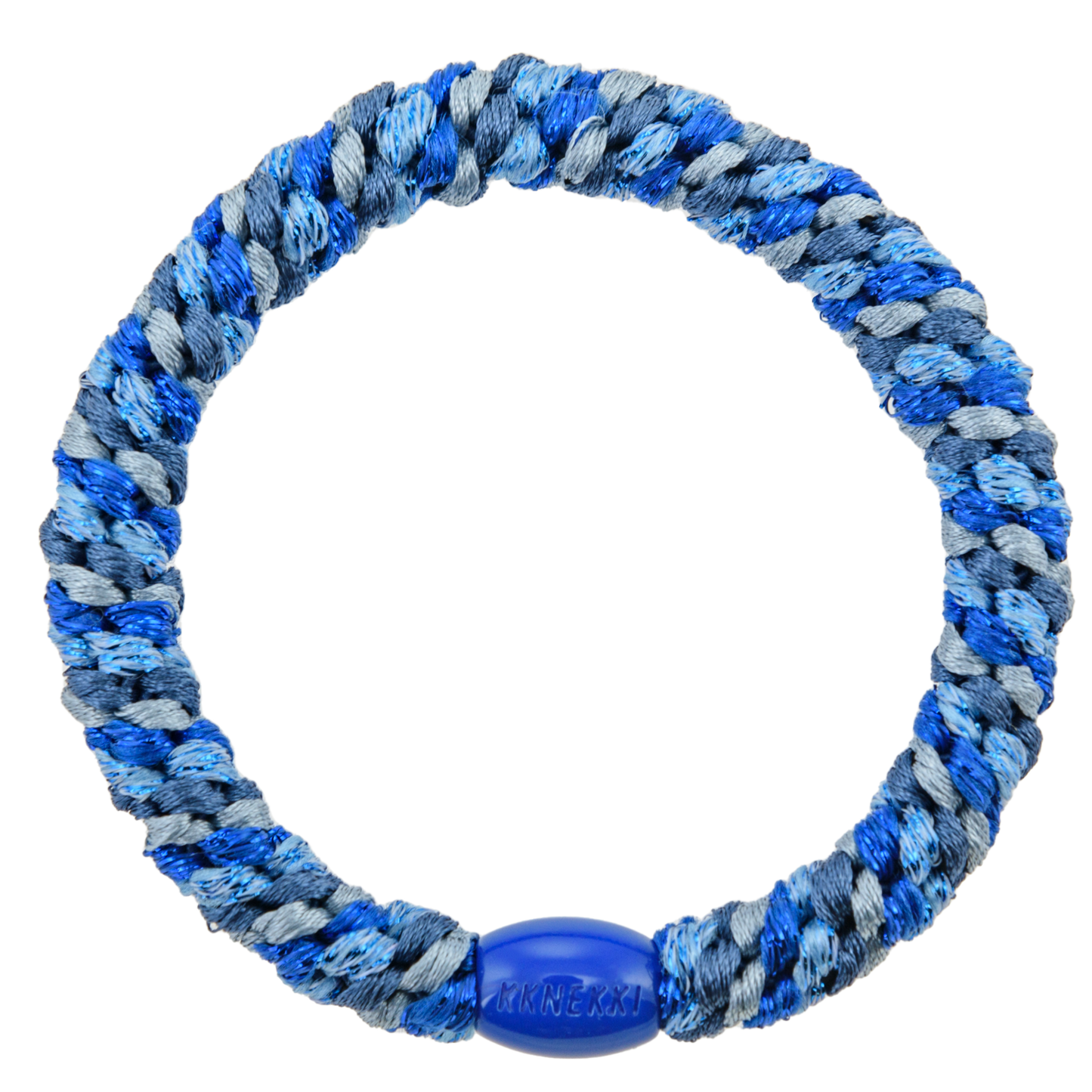 KKNEKKI Mix Blue Tones hair elastic on white background, branded bead visible