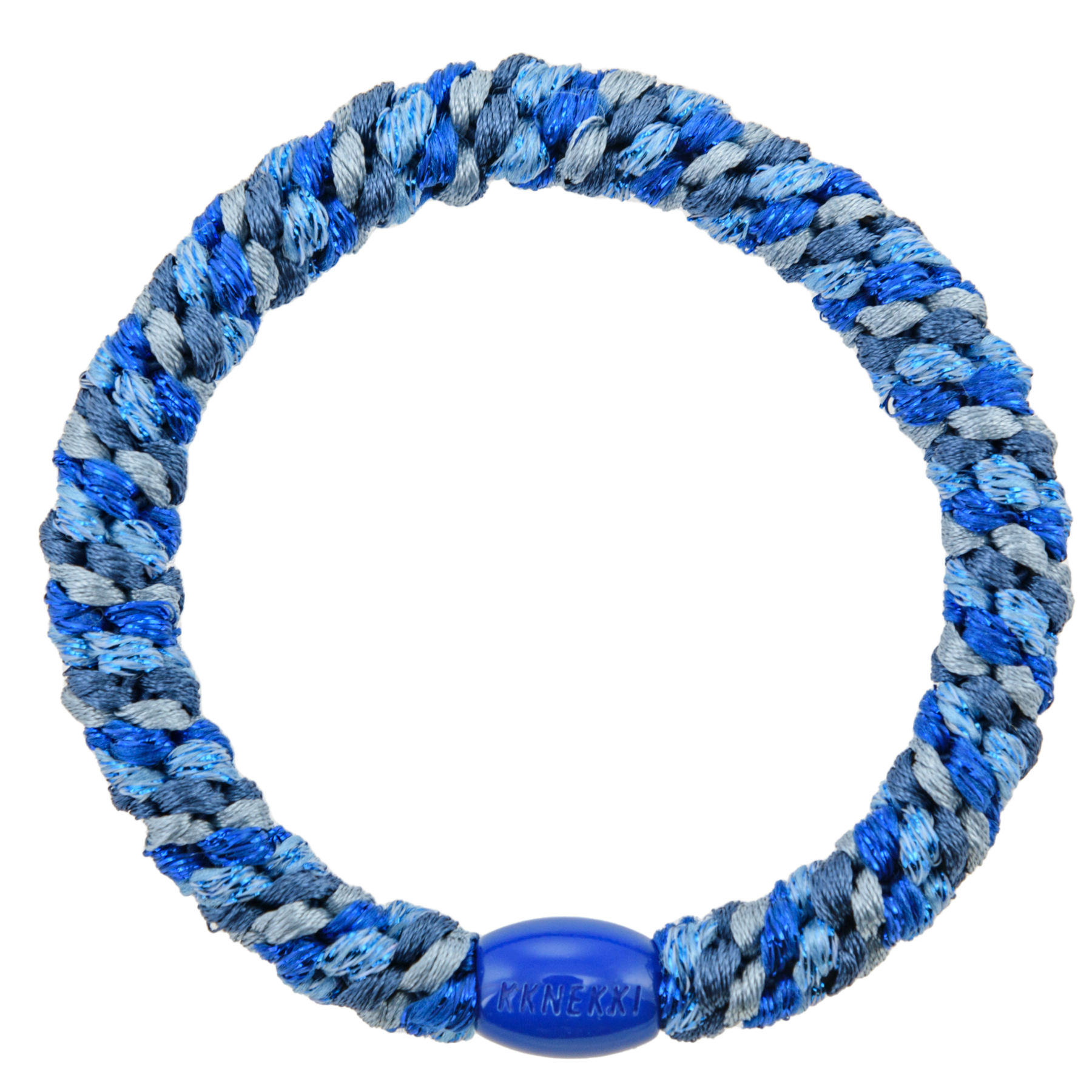 KKNEKKI Mix Blue Tones hair elastic on white background, branded bead visible