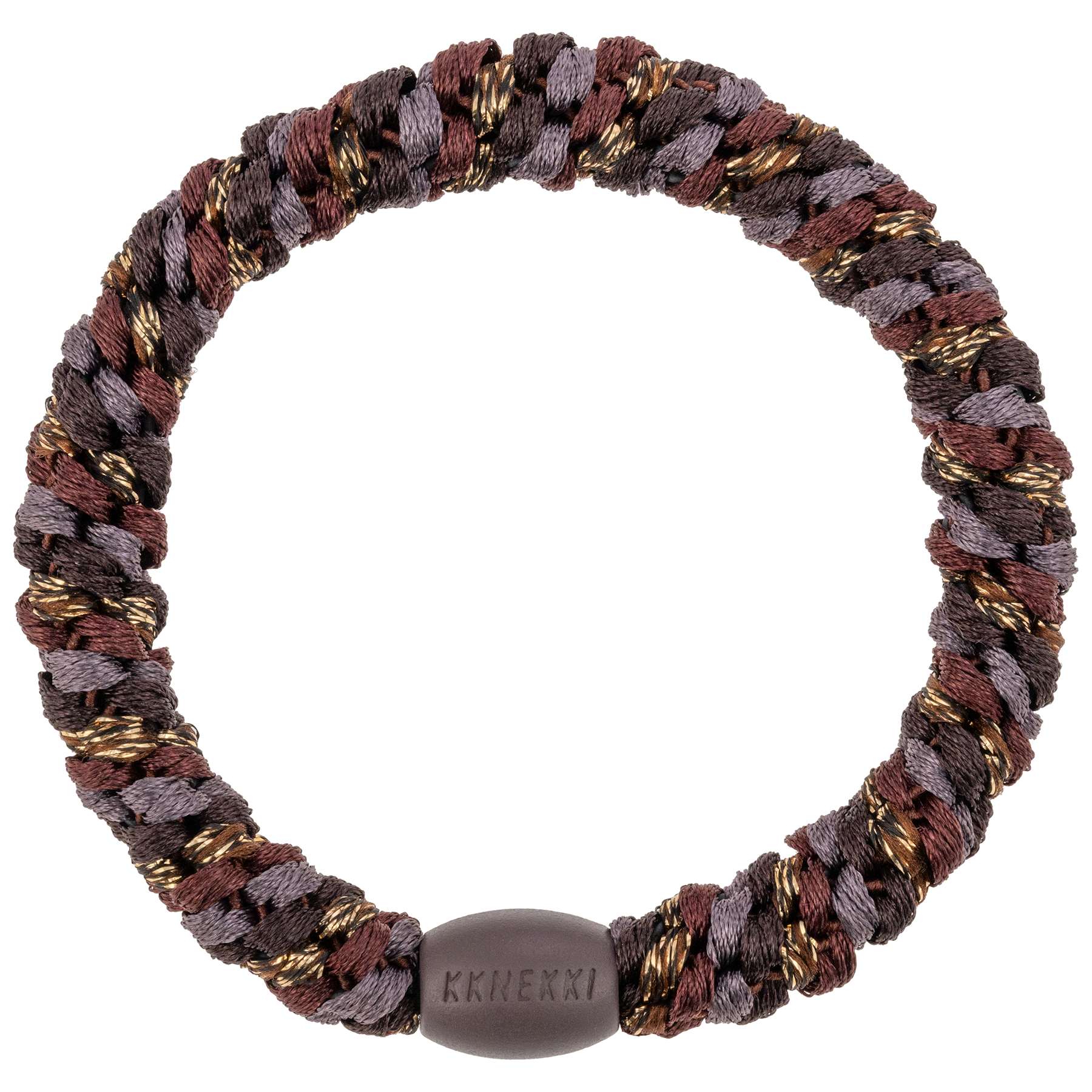 KKNEKKI Mix Cedar Coffee Glitter hair elastic with branded bead visible