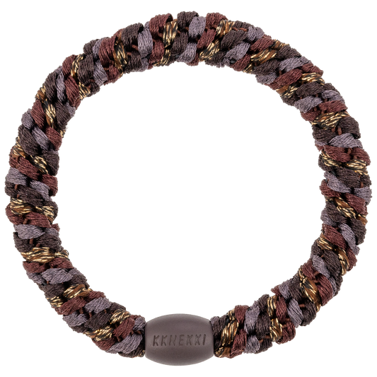KKNEKKI Mix Cedar Coffee Glitter hair elastic with branded bead visible