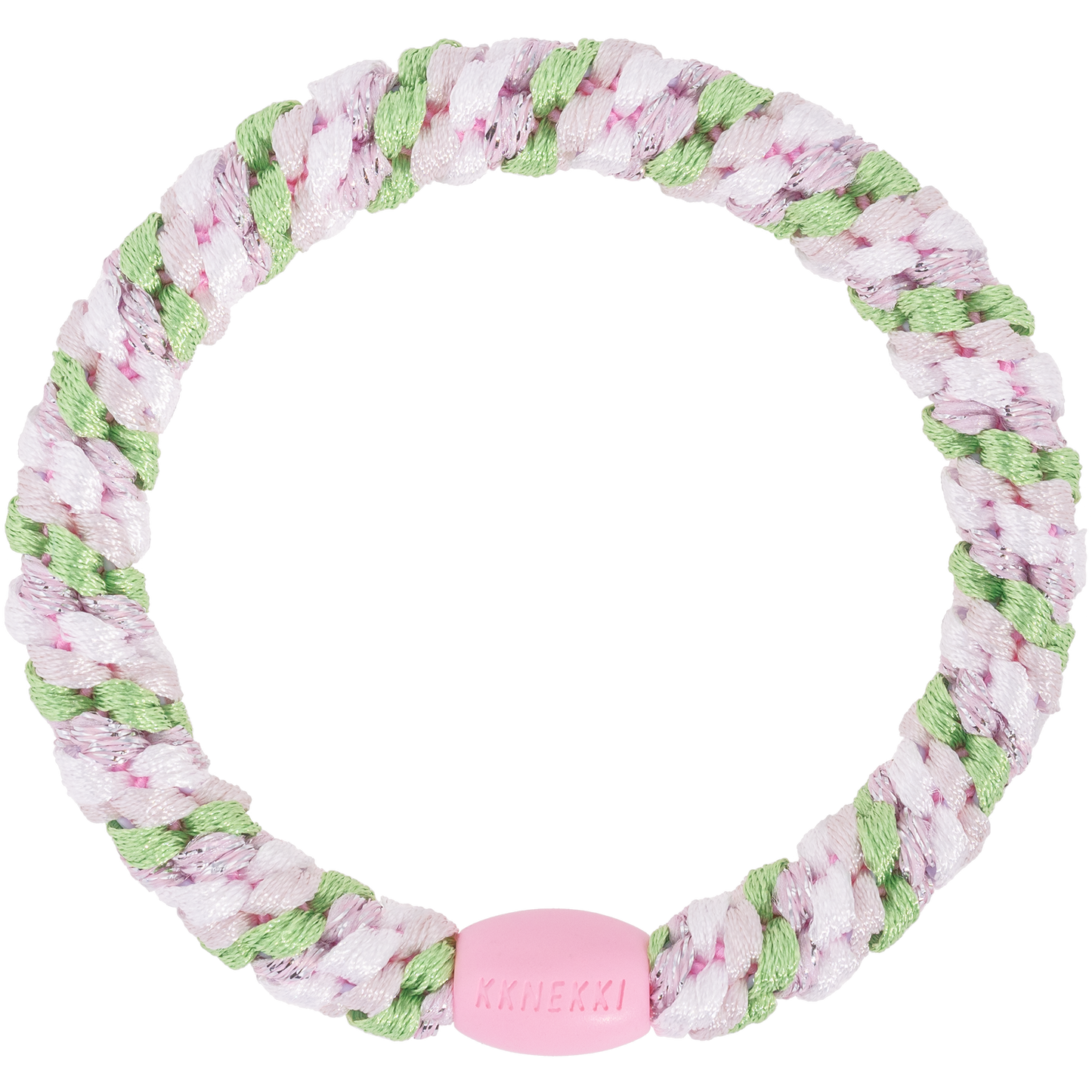 KKNEKKI Mix Grass Green Pink Glitter hair elastic on white background with branded bead visible.