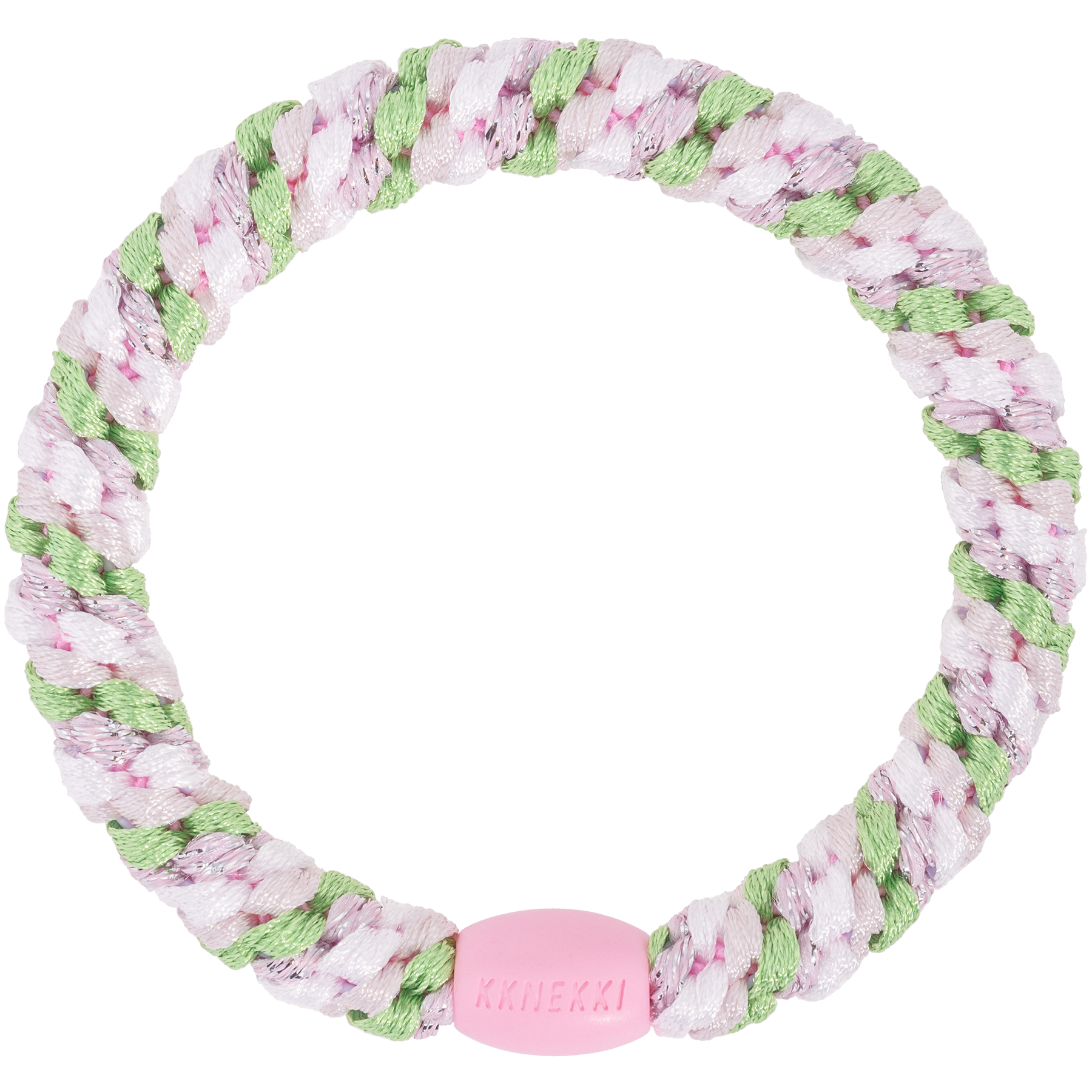 KKNEKKI Mix Grass Green Pink Glitter hair elastic on white background with branded bead visible.