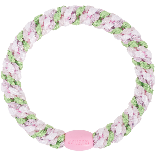 KKNEKKI Mix Grass Green Pink Glitter hair elastic on white background with branded bead visible.