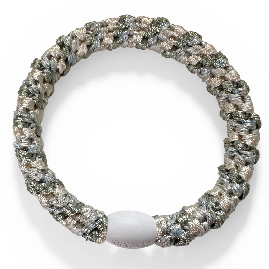 KKNEKKI Mix Ivory Glitter Dusty Lind Green hair elastic showing branded bead