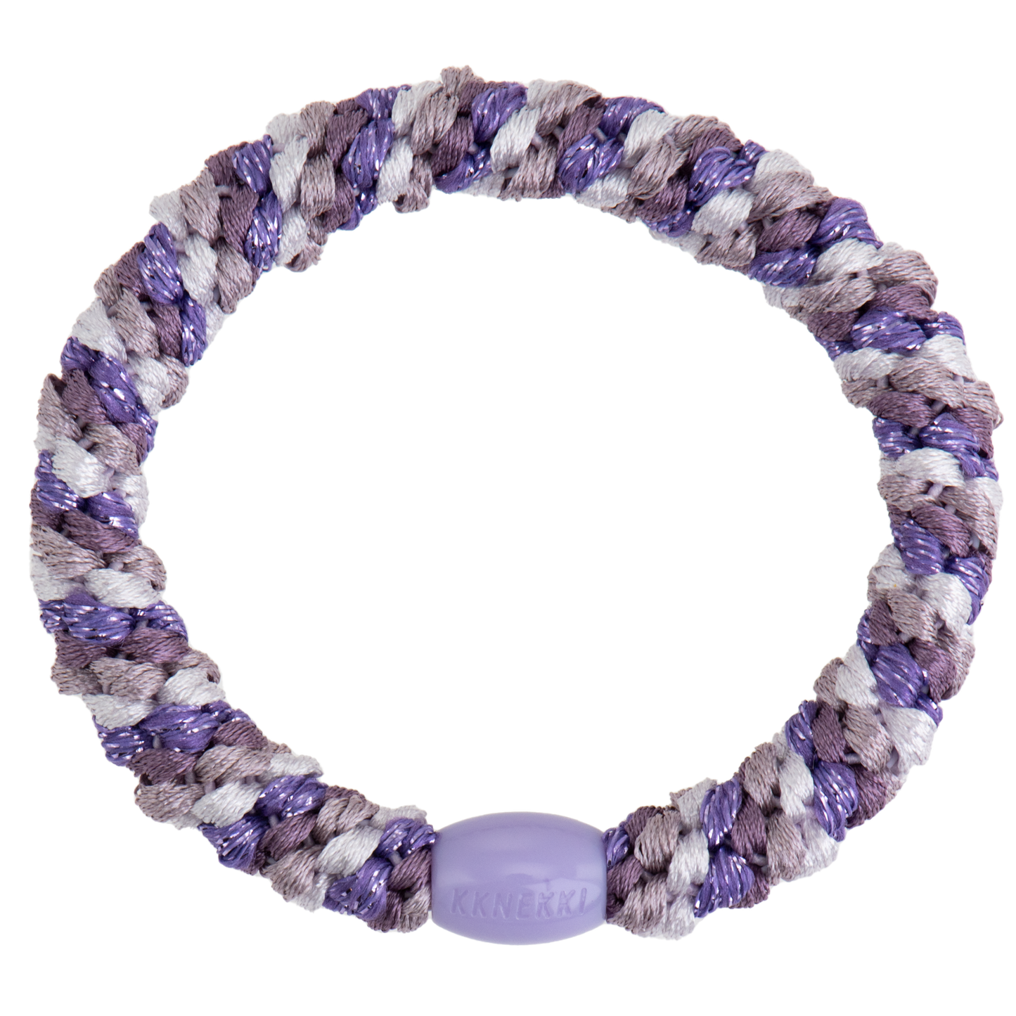 KKNEKKI Mix Lilac Glitter hair elastic on white background, visible branded bead