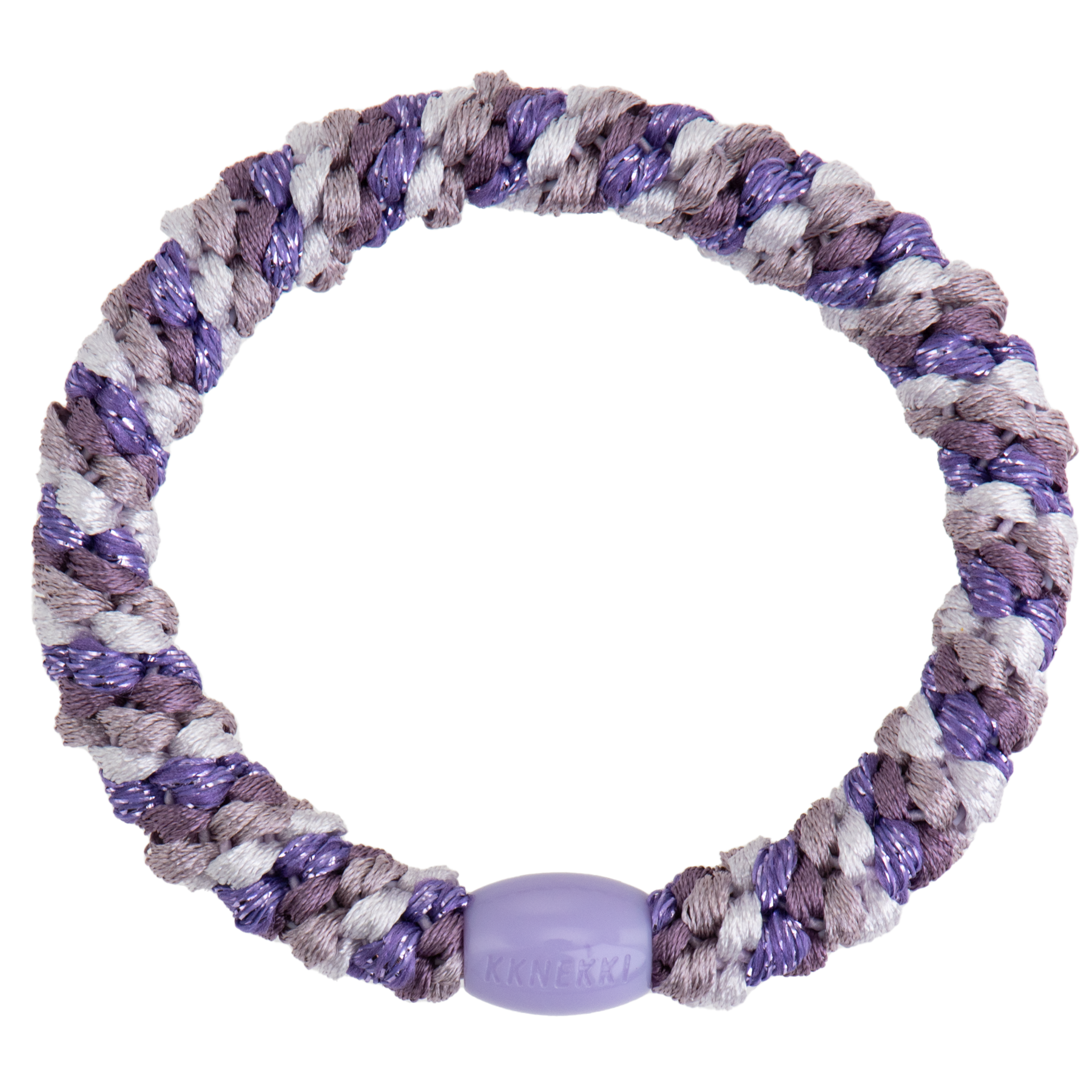 KKNEKKI Mix Lilac Glitter hair elastic on white background, visible branded bead