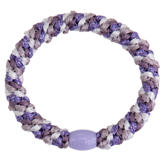 KKNEKKI Mix Lilac Glitter hair elastic on white background, visible branded bead