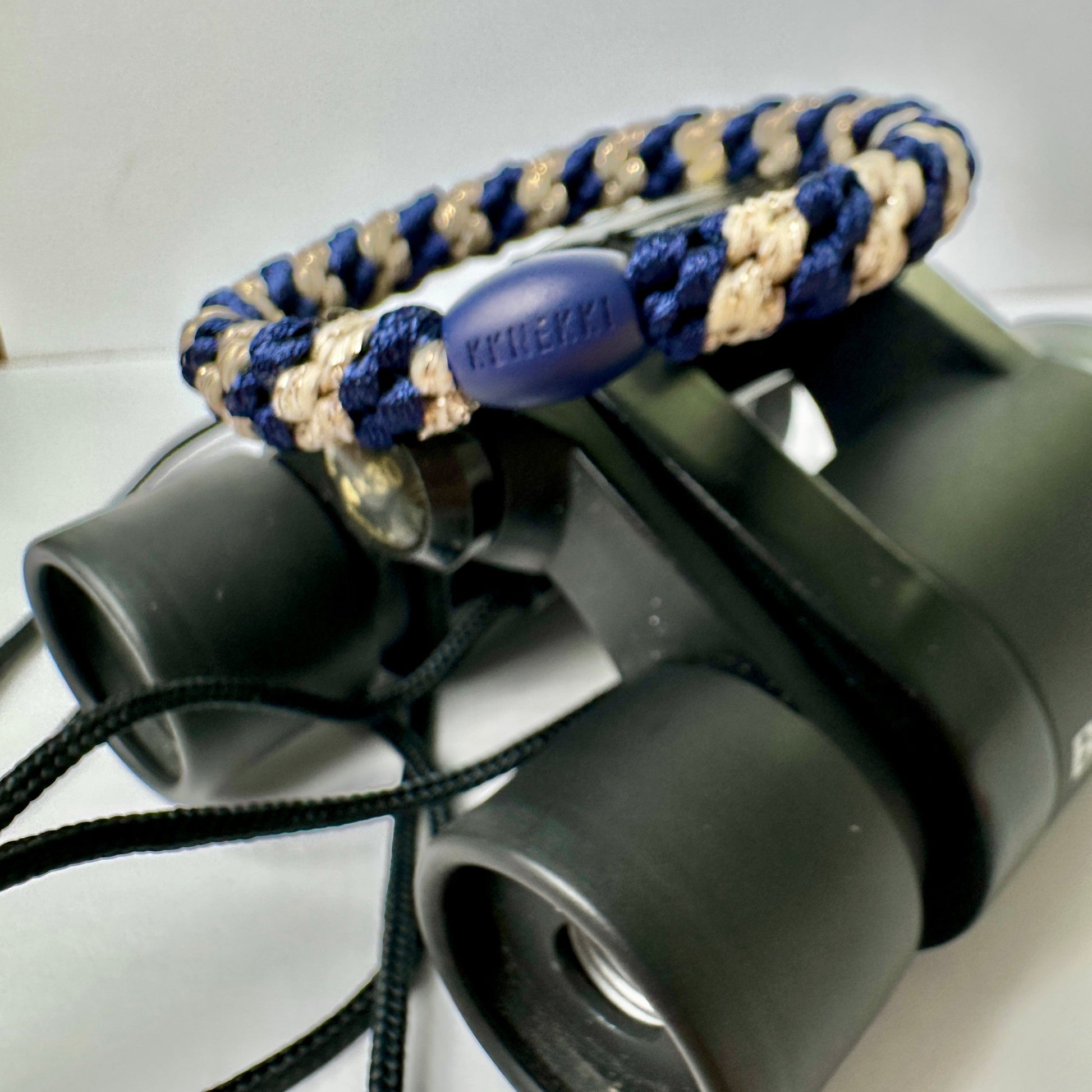 KKNEKKI Navy-Beige Slitter Stripe hair elastic on binoculars
